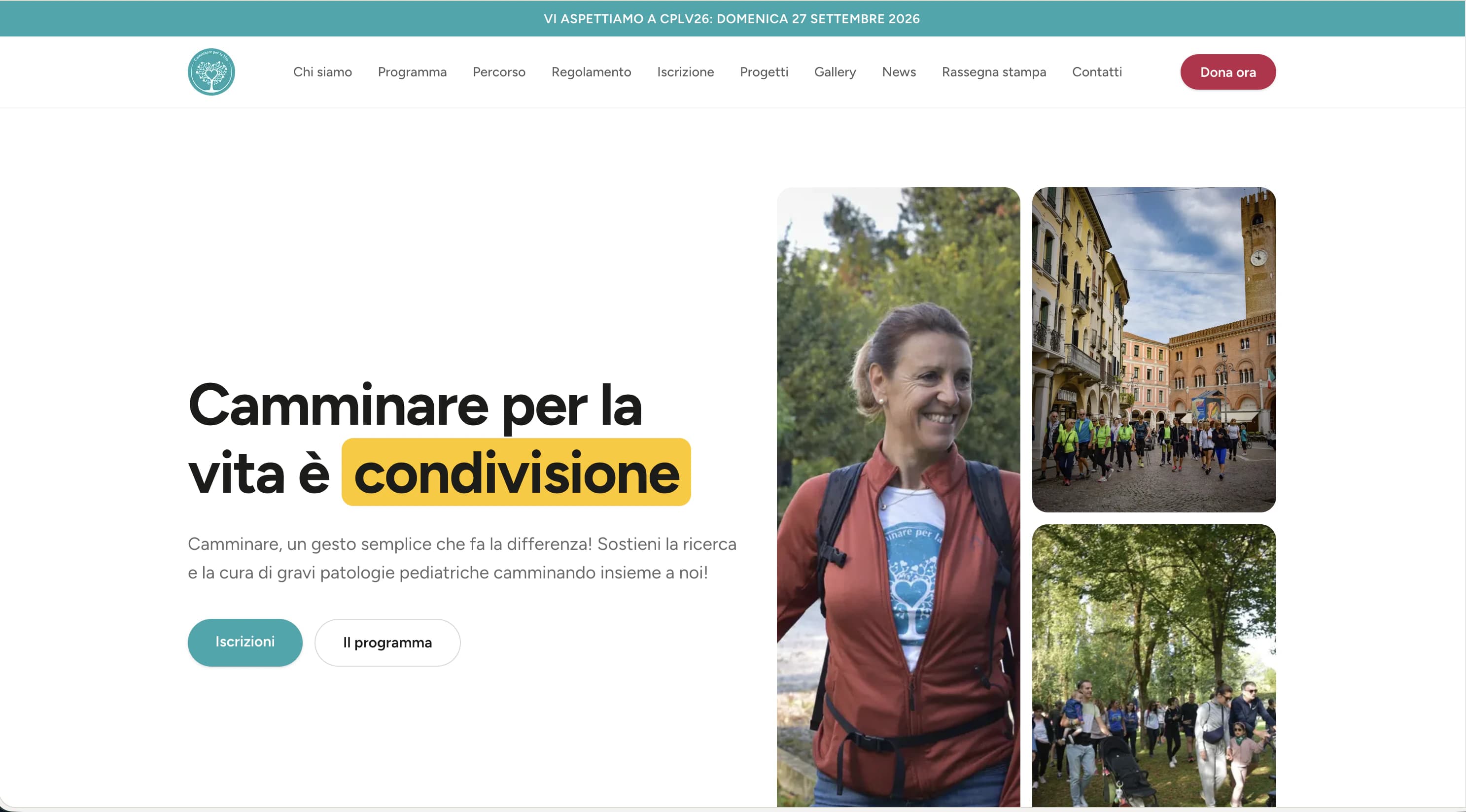 Homepage di camminareperlavita.it con il messaggio «Camminare per la vita è condivisione» e fotografie della manifestazione.