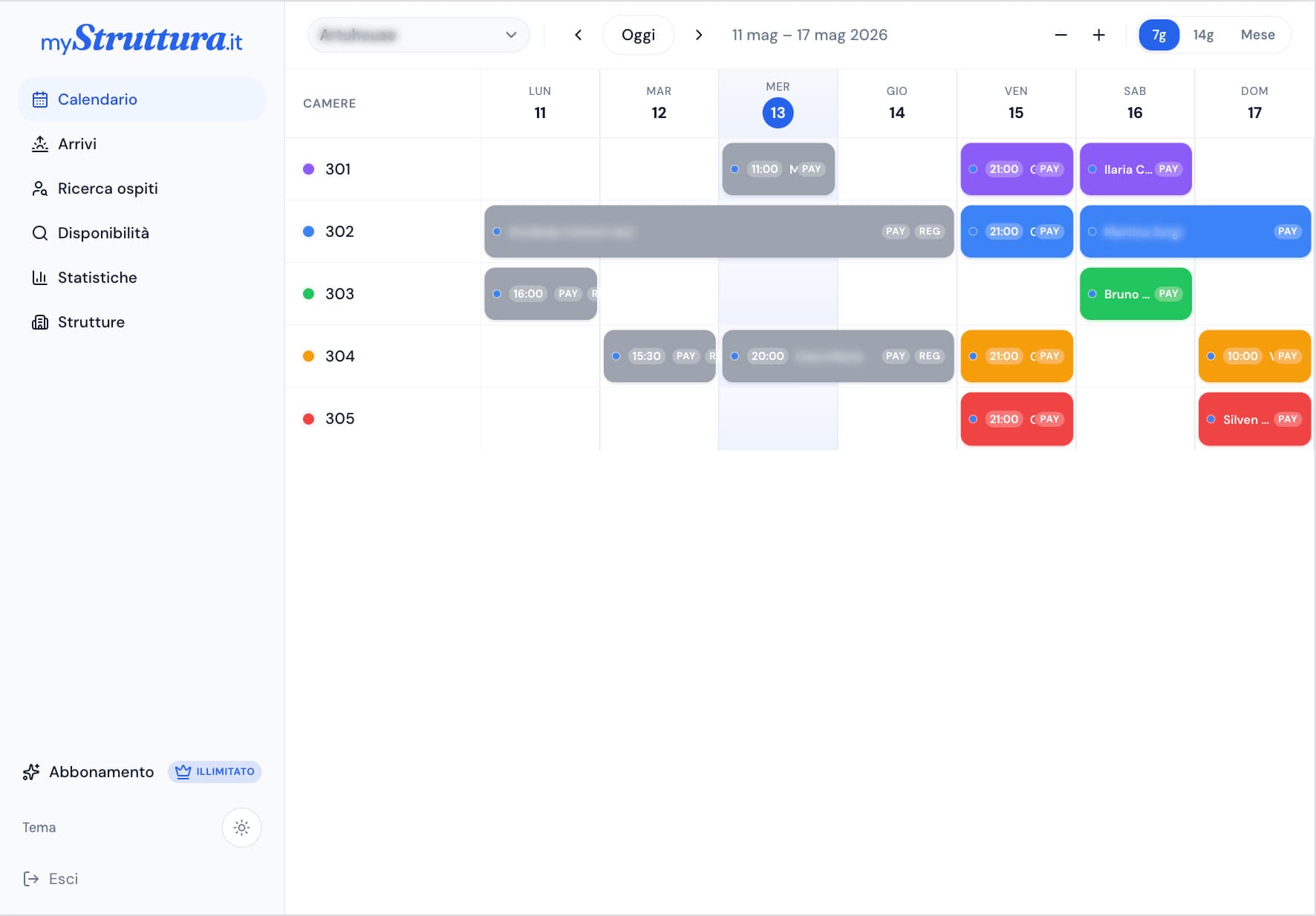 mystruttura.it — calendario settimanale con prenotazioni per camera, stati di pagamento e registrazione.