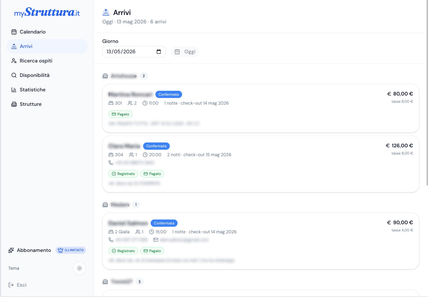 mystruttura.it — schermata arrivi del giorno con dettaglio ospiti, importi e stato pagamento.