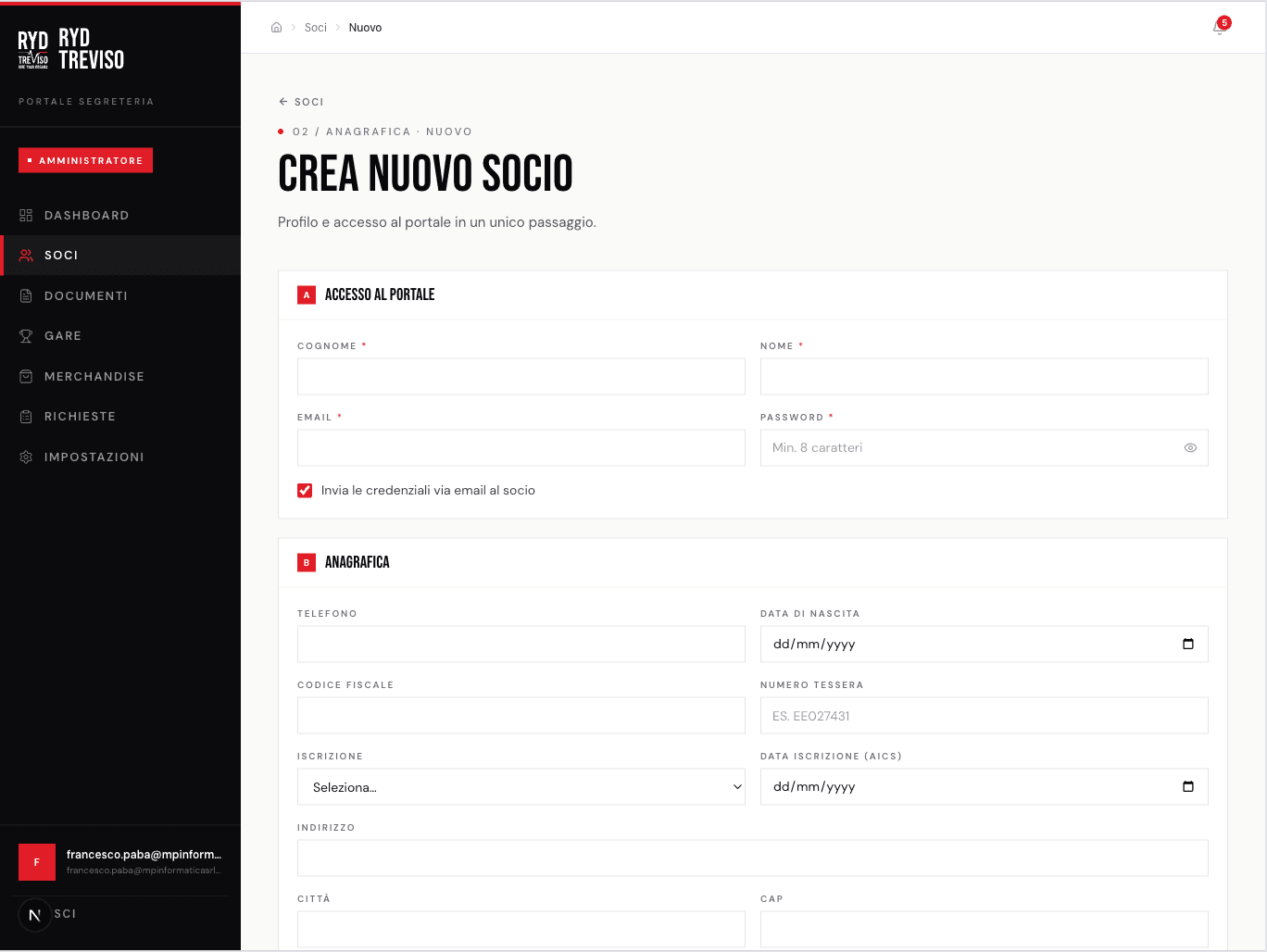 RYD Treviso — form di creazione nuovo socio con accesso al portale e anagrafica completa.